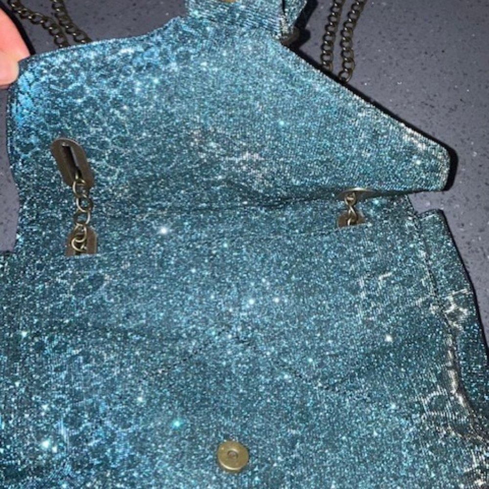 FLYING TOMATO ANTHROPOLOGIE Teal Shiny Sparkly Shoulder Bag Purse Cute! - Picture 2 of 8